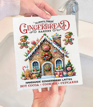 Christmas Gingerbread Bakery House Swedish Dishcloth - The Mirrored Past